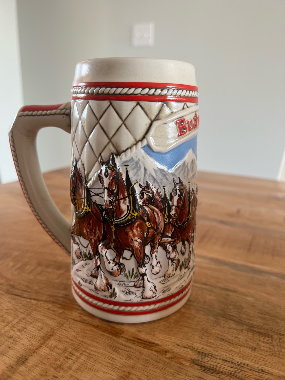 1985 Holiday Budweiser Ceramic Stein with Red, Brown & Cream Clydesdales